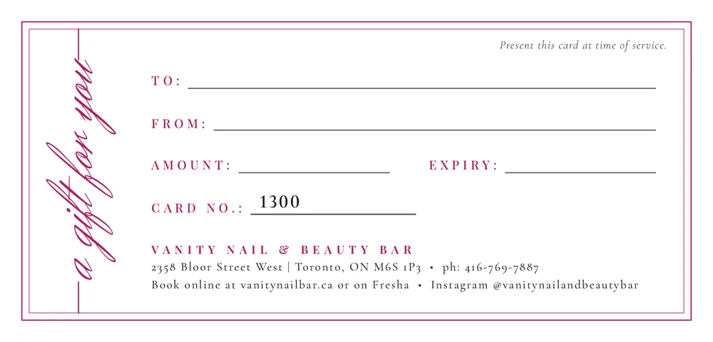 Back of the Vanity gift card with amount and card number