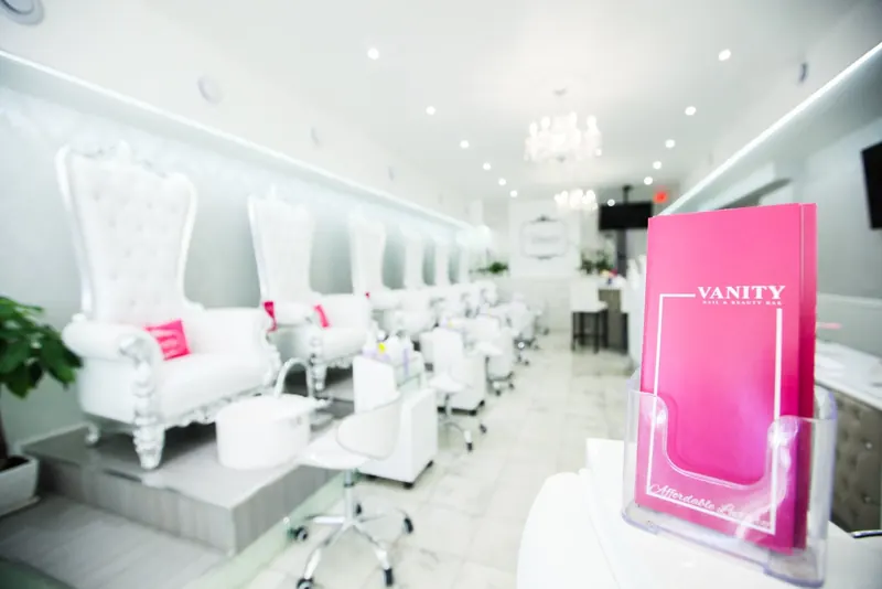 Pedicure lounge with a pink Vanity display